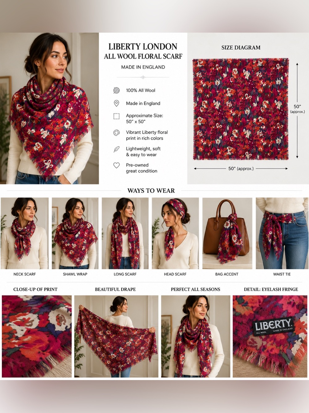 Liberty London All Wool Floral Scarf 50" x 50" Made in England Large Wrap Shawl